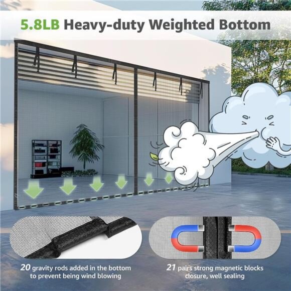 Garage Door Screen, 16x7 Ft Magnetic Closure Heavy Duty Weighted Bottom Garage - Picture 4 of 7
